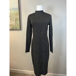 Bold Elements Metallic Stripe Midi Dress Black‎ Gold Silver M